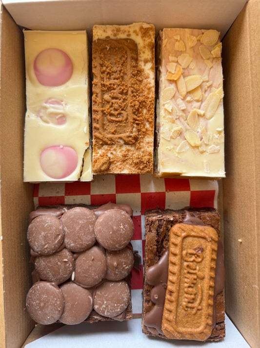 Treatbox 3 - Caramelised biscuit and white chocolate blondie/Cherry Bakewell blondie/ Chocolate orange brownie/ caramelised biscuit and milk chocolate brownie