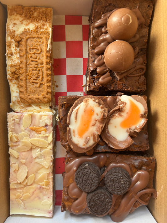 Treatbox 1 - Caramelised biscuit and white chocolate blondie/Cherry Bakewell blondie/tiramisu lindor brownie/ Cadbury crème egg Brownie/ Oreo brownie